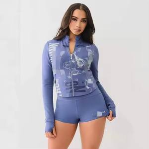 Женский комплект из 2-х предметов, шорты с принтом, куртка на молнии с длинным рукавом и шорты, комплект из двух предметов, спортивные костюмы для женщин - Product Image 2