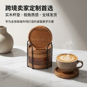 Solid Wood Round Coaster Set Heat Insulating Mat Kitchen <b>Table</b> Placemat Cup Mat <b>Retro</b> Style - Product Image 5