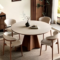 Table à manger ronde en pierre frittée de style Mid-Century, base en bois massif évasée, style Wabi Sabi, pour salle à manger