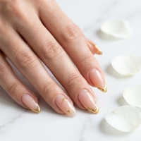 Faux ongles à presser en amande, base nude, avec décoration étoile en feuille d'or et pointe française métallique, réutilisables pour femmes