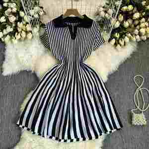 Maxfree Striped Knitted Polo Neck A-Line Midi <b>Dress</b> Short Sleeve Casual Summer <b>Dress</b> Breathable Regular Fit - Product Image 5