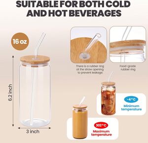 Vaso de Vidrio Transparente de 16 oz (475 ml) al por Mayor con Tapa de Bambú y Pajita, Personalizable con Logotipo para Café Helado, Zumo y Agua - Product Image 3