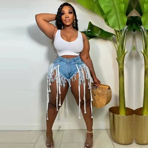 Püskül sıkı Denim şort kadın yaz kot bayanlar bayanlar için kısa pantolon dantel up Denim kot şort - Product Image 4