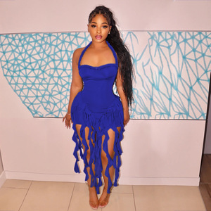 2025 licou dos nu robe femmes été fête Chic irrégulière gland ourlet Sexy fête d'anniversaire fendu minuit Club robe moulante - Product Image 3