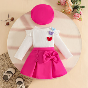 Ensemble bébé <span class=keywords><strong>fille</strong></span> 0-3 <span class=keywords><strong>ans</strong></span>, style européen et américain, en coton imprimé respirant, avec manteau à manches longues, <span class=keywords><strong>jupe</strong></span> fendue à nœud et béret. - Product Image 1