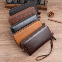 Dompet Panjang Pria Kulit Asli Berembos Kapasitas Besar Dua Lapis Ritsleting Kantong Koin Multifungsi Poliester