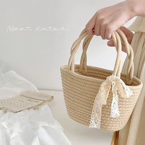 Cotton Woven Tote <b>Bag</b> Beige Lace Ribbon Bohemian Style <b>Summer</b> Beach <b>Bag</b> Everyday Use - Product Image 4