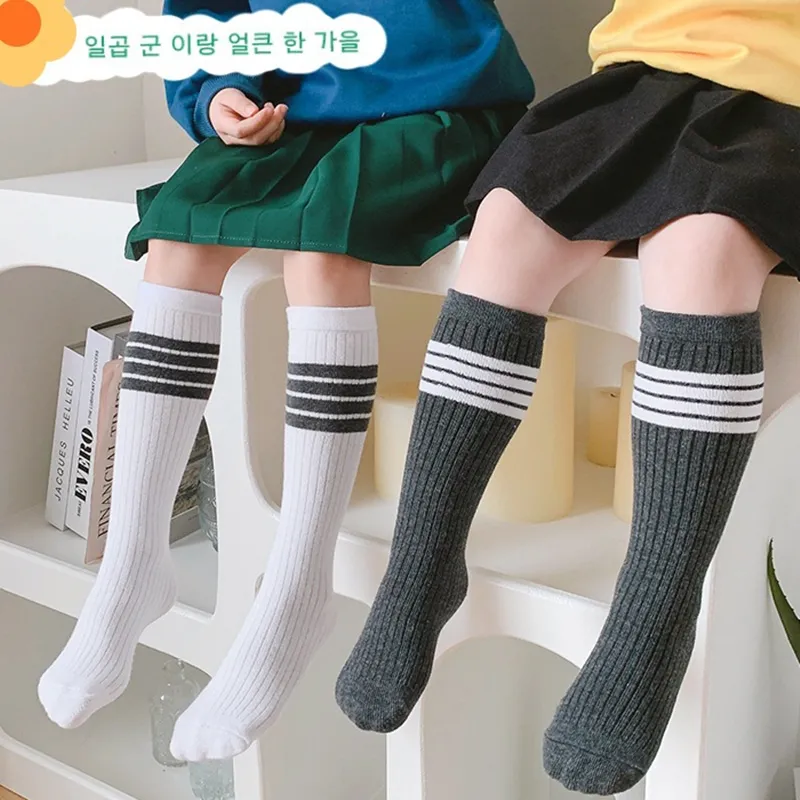 2023 Winter New Girls Socks Stockings Combed Cotton White School Socks Solid Kids Ribbed Leggings