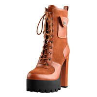 Bottines à plateforme marron à lacets pour femme 2025, talon épais avec poche, chaussures de soirée tendance
