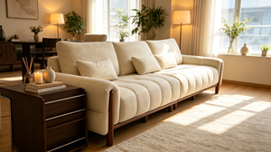Modern Three Seat <b>Sofa</b> Upholstered Fabric Cushion Back Wooden <b>Legs</b> Rolled Arms Midcentury Living Room Couch - Product Image 2