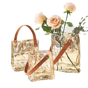 创意花朵玻璃花瓶装饰时尚设计手提袋形状香槟色玻璃花瓶家居办公室装饰
