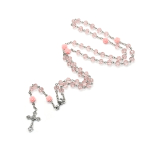 Rosario in Vetro Rosa con Decorazioni a Rosa e Croce Placcata Argento Anticato, Gioiello di Preghiera Cattolica Unisex - Product Image 2