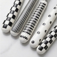 Couverts réutilisables durables en acier inoxydable 410, manches en céramique, finition miroir, style rétro, luxe léger, motif noir et blanc, couteau et fourchette