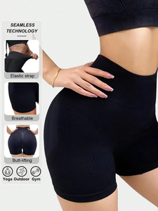 High Waist Black Seamless Yoga <b>Shorts</b> With Mesh Panel Tummy Control Shapewear <b>Ruched</b> Butt Design - Product Image 3