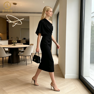 Robe longue élégante noire asymétrique à manches cape pour <span class=keywords><strong>femme</strong></span>, luxueuse, drapée, style crayon, pour <span class=keywords><strong>soirée</strong></span> formelle, en satin, taille haute, coupe ajustée - Product Image 3