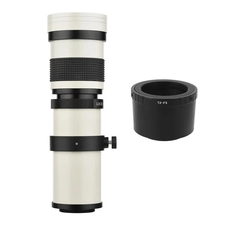 White MF Super Telephoto Zoom Lens F/8.3-16 420-800mm T2 Mount with FX-mount Adapter Ring for Fujifilm Cameras
