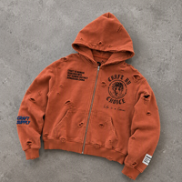 Sweats à capuche personnalisés pour hommes, orange rouille, zippés, effet déchiré, imprimé gothique, patch sur la manche, coupe oversize, fabricant OEM ODM privé