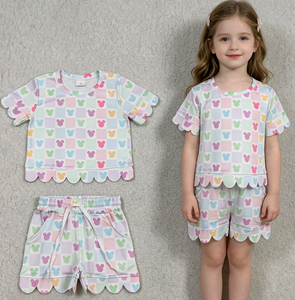 Conjuntos de Ropa Casual a Cuadros con Dibujos Animados para Hermanas, Nuevos Diseños de Verano con Bordes Festoneados, Conjuntos de Ropa a Juego para Hermanas - Product Image 3