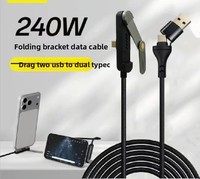 Kabel Pengisi Daya USB 2 in 1 Nylon dengan Braket Lipat Putar 180 Derajat, Kabel Dual Type-C untuk Ponsel, Komputer, Kamera