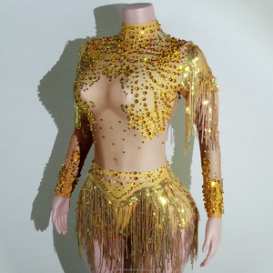 Traje de Baile Glamuroso para Drag Queen, Sexy, con Flecos de Pedrería Dorada, Cuello Alto, Estilo Nupcial, Uniforme para Grupo de Baile, Ropa de Escenario, Personalizado - Product Image 4