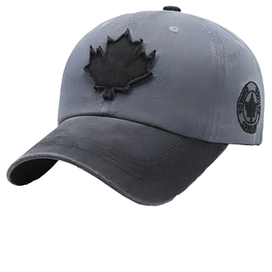 Adjustable Gray <b>Vintage</b> Sporty Baseball <b>Cap</b> with Black Maple Leaf Applique Front Panel Unisex Casual Denim 6-Panel Design - Product Image 1