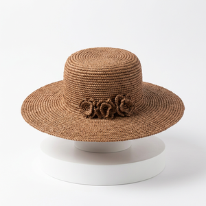 Chapeau Panama en raphia pour femme ANA Madagascar avec décoration florale et nœud, large bord, tissé à la main, chapeau de soleil d'été pour cérémonie et voyage - Product Image 1
