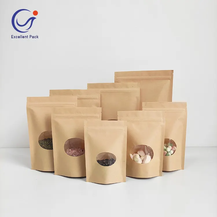 Bolsa de papel de pie de 20x30cm, bolsa de embalaje de alimentos con cremallera, bolsa de resellado de ventana ovalada, todo tipo de bolsa de papel para paquetes de alimentos