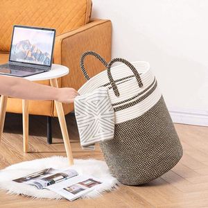 Grand panier de rangement en corde de coton tressé, panier à linge, panier pour couvertures et jouets avec poignée, panier à linge sale pliable - Product Image 5