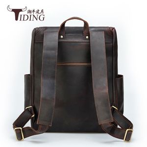 Tiding Crazy Horse Leather <b>Backpack</b> Dark <b>Brown</b> Unisex Outdoor Laptop Bag Top Layer Cowhide Travel Bag - Product Image 2