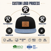 Casquette de baseball personnalisée noire à visière plate, 6 panneaux, snapback, visière en jean bleu, patch en cuir, réglable, vente en gros, OEM, faible MOQ