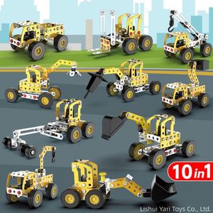 Modèle de véhicule d'ingénierie créatif en métal à assembler 10-en-1 pour enfants, excavatrice, camion, bulldozer, jouet éducatif pour garçons - Product Image 1