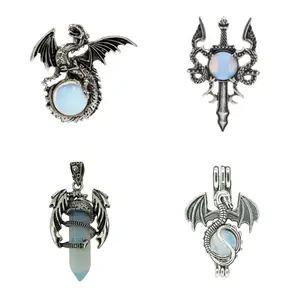 Alloy Dragon Model Pendant Natural Opalite Dragon Ball And Hexagonal Column Decoration Pendant Charm Crystal Gemstone Jewelry