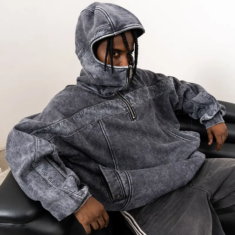 Fast fashion men's custom vintage hip pop hoodie street style acid washed sweatshirt oversize zipper pullover fleece hoodie men