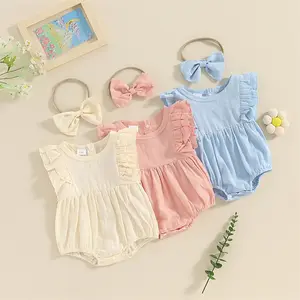 1 BH Romper katun polos kustom baju balita bayi baru lahir musim panas pakaian Bodysuit anak perempuan seruling