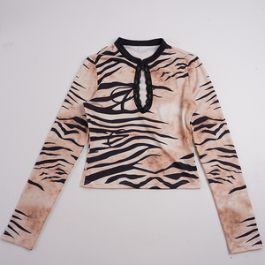 Nouveau haut sexy chinois à manches longues, imprimé animal, col en dentelle patchwork, coupe ajustée, taille dénudée, style superposé - Product Image 6