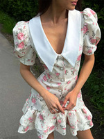 Col en V manches bouffantes robe Sexy dames Vestidos Florales 2025 été floral robe courte à volants