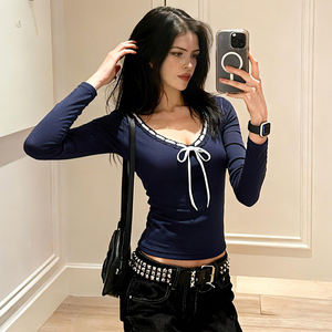 Camiseta de Manga Larga con Cuello en V y Cordón Ajustable, con Bloques de Color y Ribete de Encaje, para Mujer, Estilo Dulce, Casual, Versátil - Product Image 3