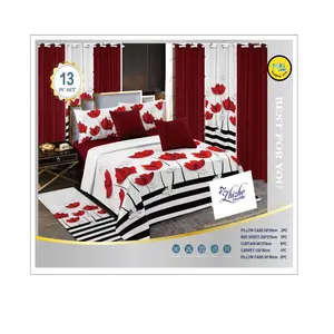 New Arrival Popular Red Flower Print 13PCS Matching Bedding and Curtains Set