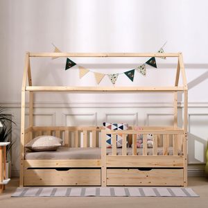 Legno di pino solido bambini telaio del letto con <span class=keywords><strong>due</strong></span> cassetti in legno per bambini pavimento letto per camera da letto o soggiorno naturale - Product Image 1