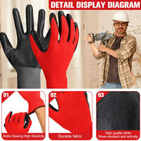 Prix de gros, 13 jauges, industrie de la construction, protection des mains, gants de travail de sécurité en polyester rouge et noir