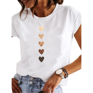 T-shirt blanc décontracté d'été pour femme en polyester écologique imprimé cœur, col rond, manches courtes, respirant, avec logo décoratif - Product Image 1