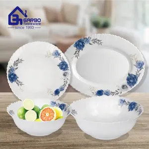 Stock White Opal Glass Dinner Plate Food Grade Flower Shape 8.5 Inch Blue Design Glass Plates Fast Deliver Stock Glass Tableware