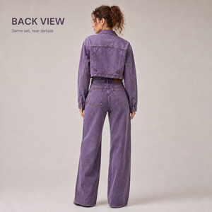 Giacca di jeans vintage, top alla moda, pantaloni jeans viola a vita alta da donna, set di abbigliamento coordinato. - Product Image 2