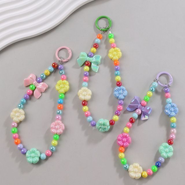 Kawaii Y2K Macaron Color Flower Bow Beaded Mobile Phone Bag Wrist Chain Acrylic Beads Pendant Car Keychain