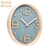 Jam Dinding Kayu Quartz Senyap Dekoratif Rumah Modern dengan Angka 3D dan Kain Goni untuk Ruang Tamu