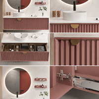 Meuble-lavabo flottant rose cannelé moderne avec vasque à poser, miroir LED rond et armoire murale pour projets hôteliers et d'appartements