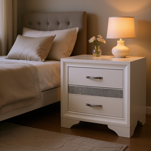 Table de chevet blanche à 2 tiroirs avec rangement dissimulé doublé de feutre pour bijoux, mobilier de chambre au design moderne - Product Image 2