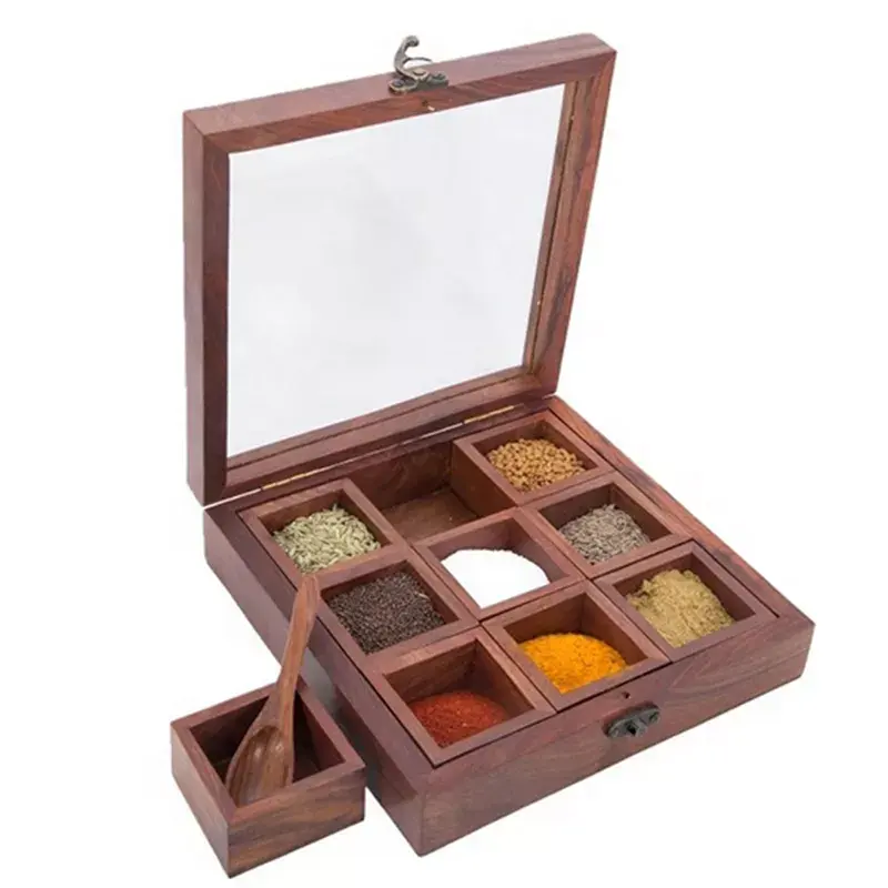 Houten Kruidenrek Container Doos Hand Crafted Vierkante Spice Box