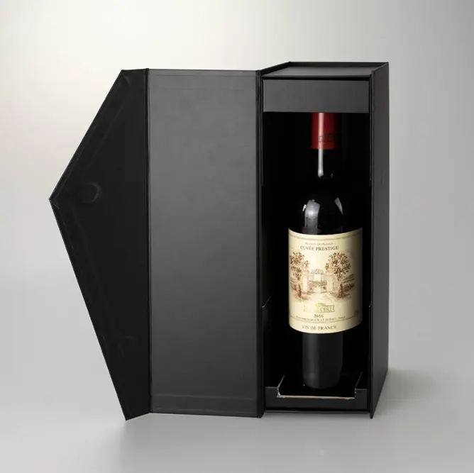 Kotak kemasan hadiah botol tunggal magnetik lipat mewah Logo kustom untuk sampanye wiski merah anggur untuk minuman energi coklat