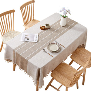 Modern Minimalist Rectangular <b>Tablecloth</b> Cotton <b>Linen</b> Blend Heat Resistant Stripe Pattern Home Dining Table Cover With Tassels - Product Image 4